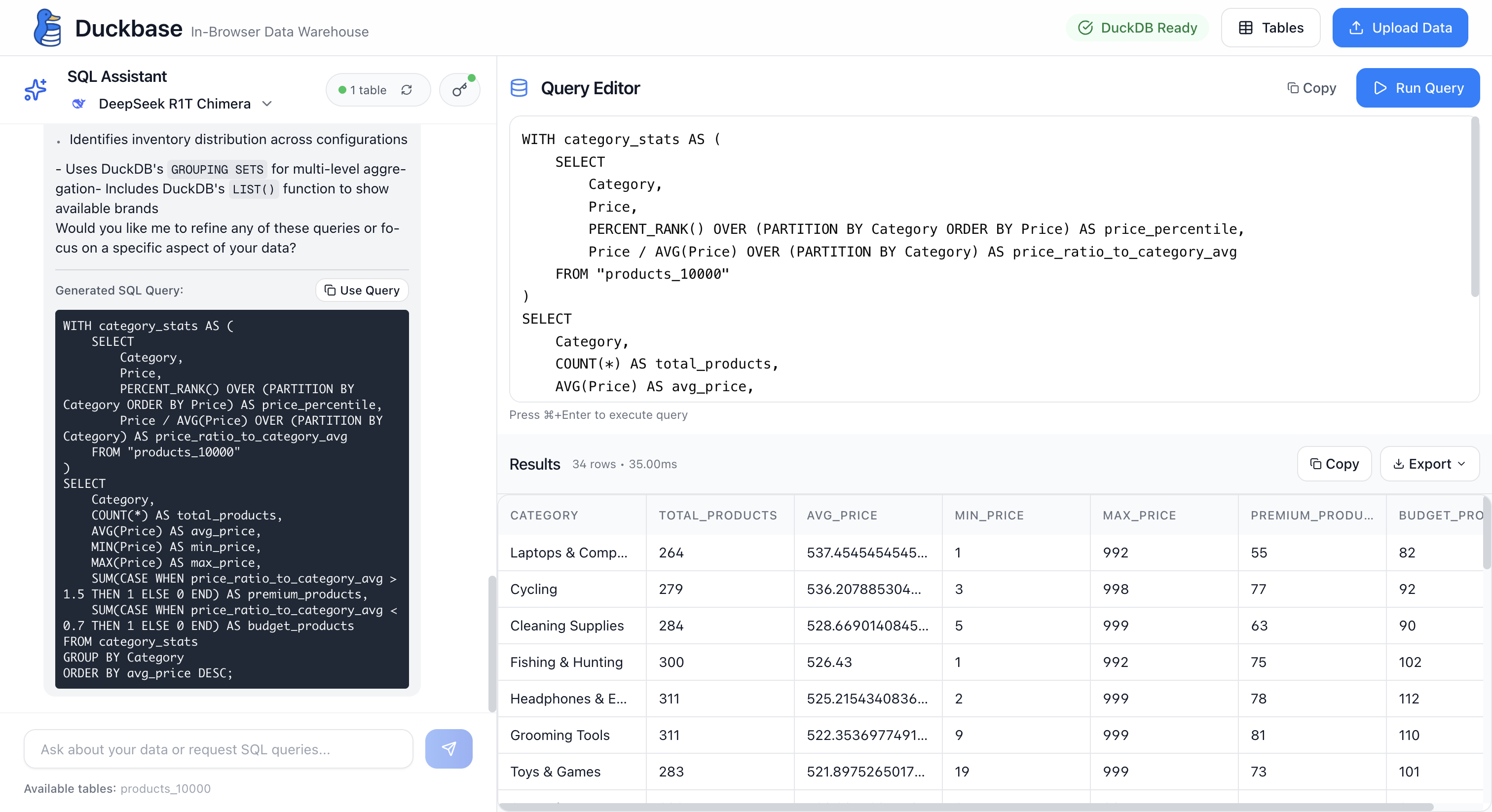Duckbase in-browser data warehouse interface showing SQL editor and AI assistant